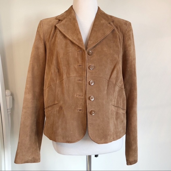i.e. Women’s Genuine Leather Suede Tan Camel Blazer, size Large Button Front - Picture 7 of 16